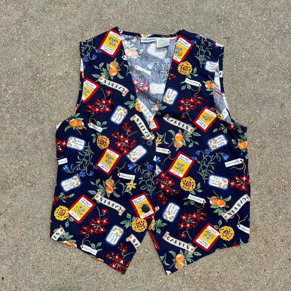Vintage 90s Cabin Creek Garden Flower Seeds Floral Farmers Market Vest MEDIUM